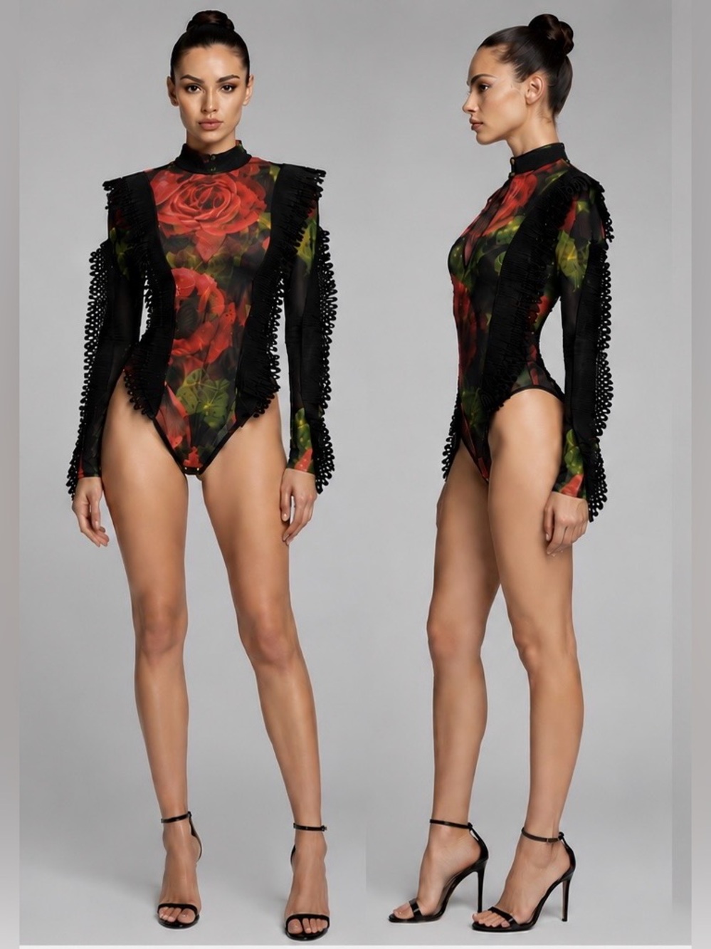Monaco Sheer Rose Print Mesh Bodysuit Ruffle Trim Long Sleeve Mock Neck